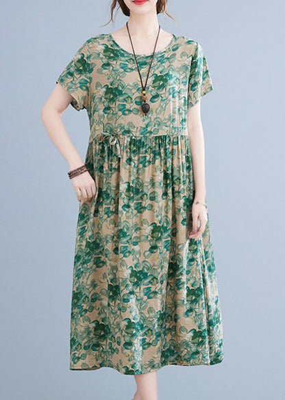 Boutique Green O-Neck Tie Waist Print Wrinkled Cotton Linen Vacation Dress Short Sleeve