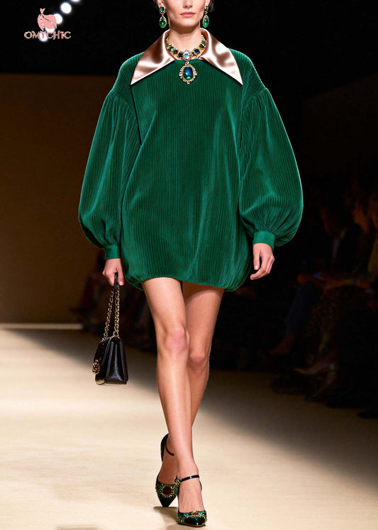 Boutique Green Oversized Patchwork Corduroy Vacation Dress Lantern Sleeve