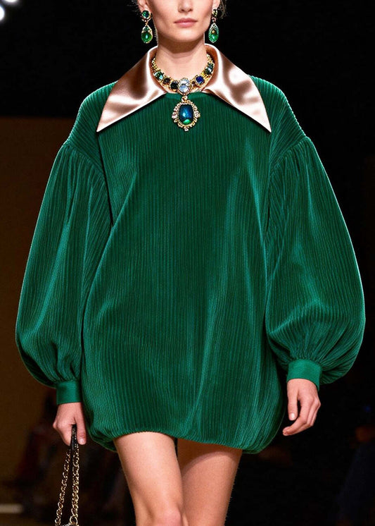 Boutique Green Oversized Patchwork Corduroy Vacation Dress Lantern Sleeve