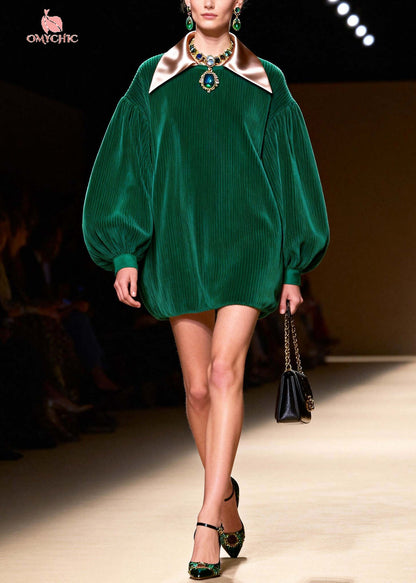 Boutique Green Oversized Patchwork Corduroy Vacation Dress Lantern Sleeve