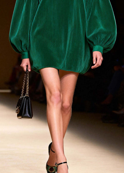 Boutique Green Oversized Patchwork Corduroy Vacation Dress Lantern Sleeve