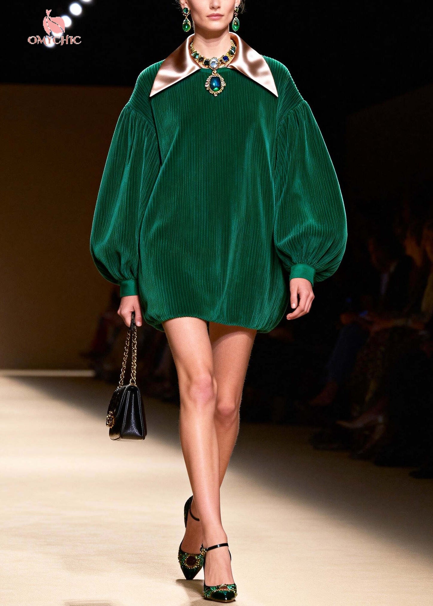 Boutique Green Oversized Patchwork Corduroy Vacation Dress Lantern Sleeve