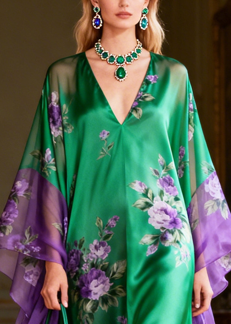 Boutique Green Oversized Patchwork Exra Large Hem Silk Dress Summer