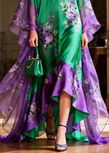 Boutique Green Oversized Patchwork Exra Large Hem Silk Dress Summer