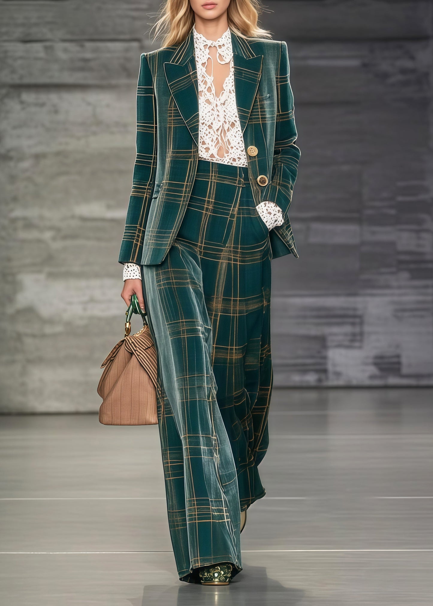 Boutique Green Oversized Plaid Cotton Two Pieces Set Spring
