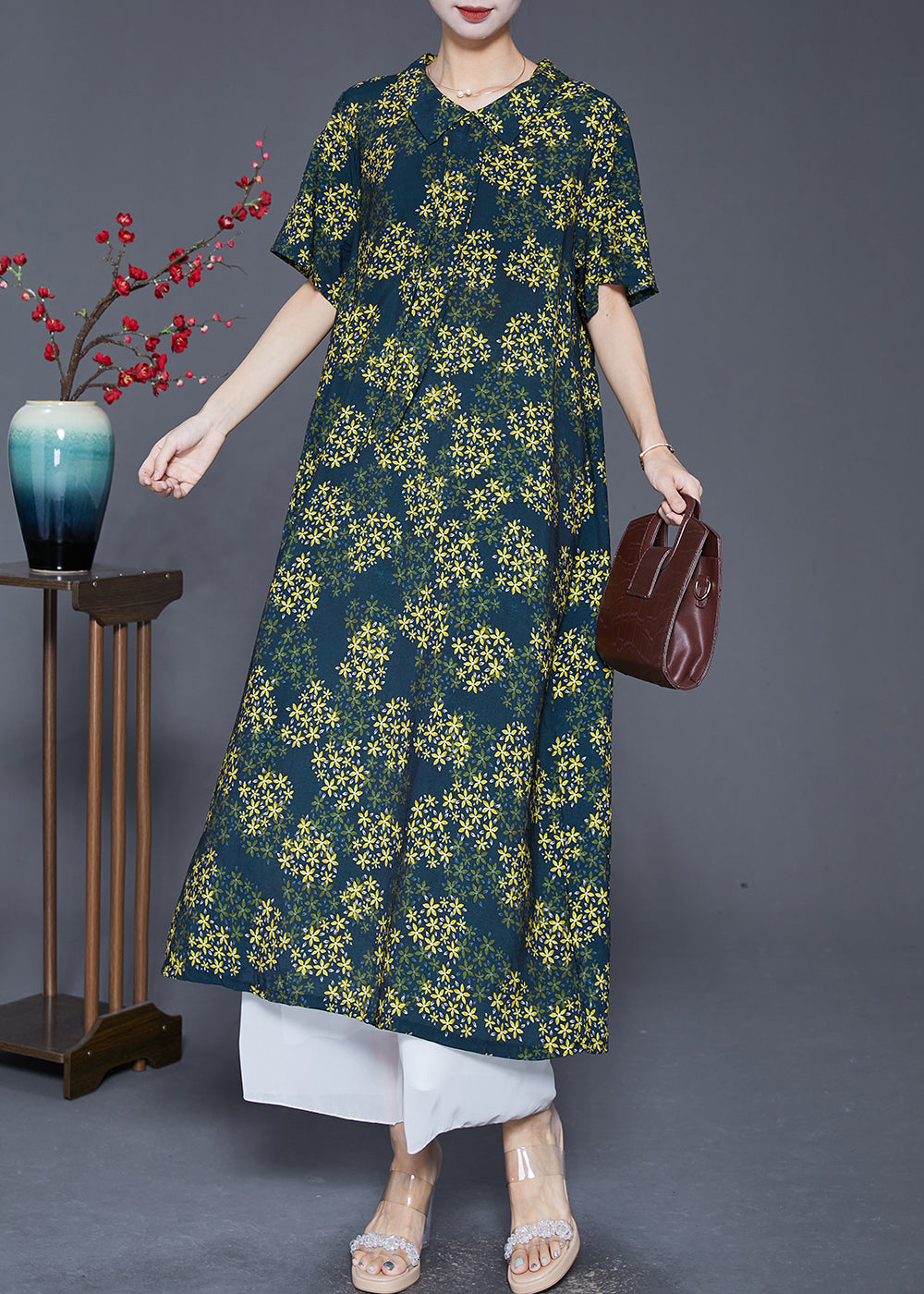 Boutique Green Peter Pan Collar Print Chiffon Dress Summer