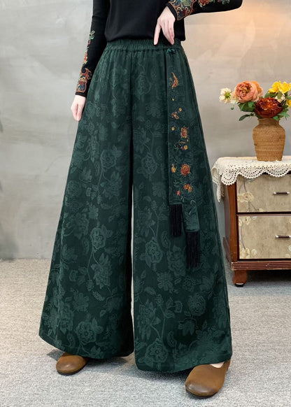 Boutique Green Pockets Jacquard Elastic Waist Cotton Pants Fall