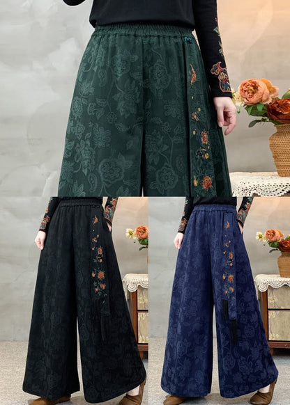 Boutique Green Pockets Jacquard Elastic Waist Cotton Pants Fall