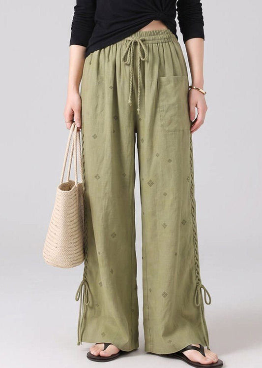Boutique Green Print Drawstring Tie Waist Wide Leg Pants Fall