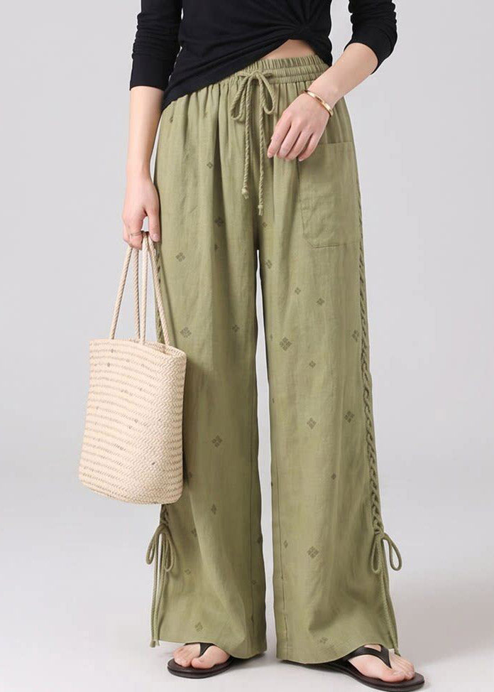 Boutique Green Print Drawstring Tie Waist Wide Leg Pants Fall