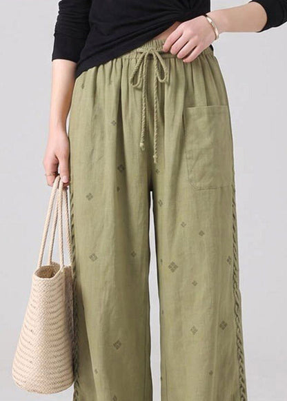 Boutique Green Print Drawstring Tie Waist Wide Leg Pants Fall