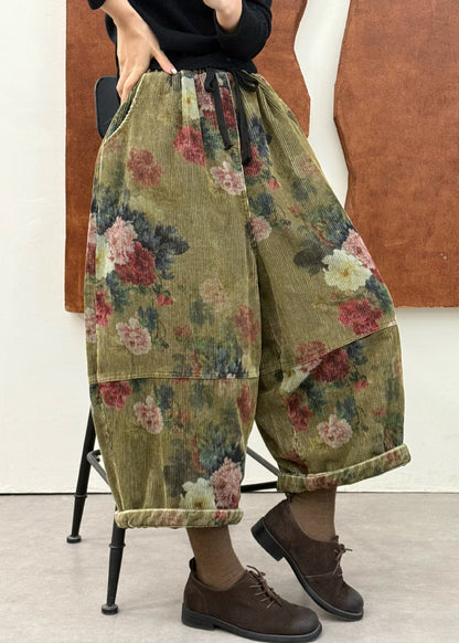 Boutique Green Print Patchwork Corduroy Fine Cotton Filled Crop Pants Fall