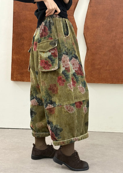Boutique Green Print Patchwork Corduroy Fine Cotton Filled Crop Pants Fall