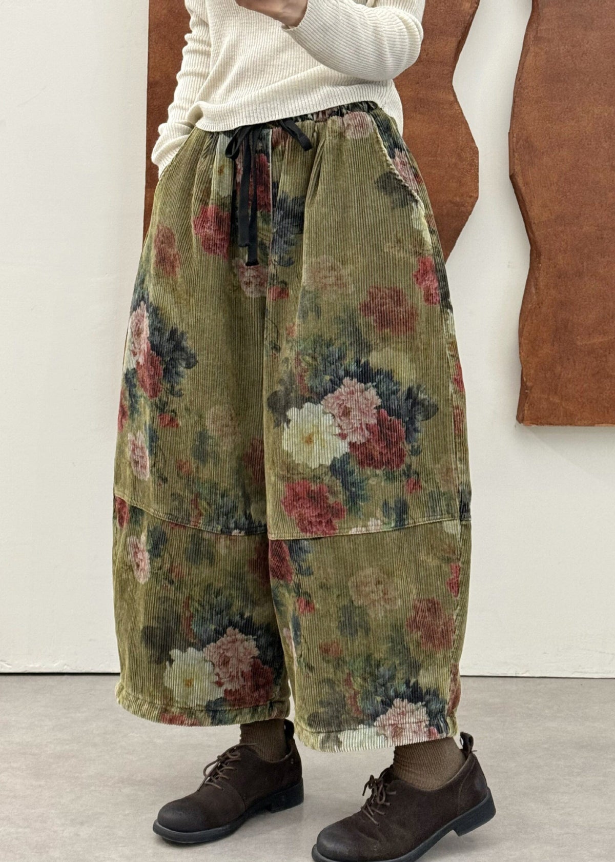 Boutique Green Print Patchwork Corduroy Fine Cotton Filled Crop Pants Fall