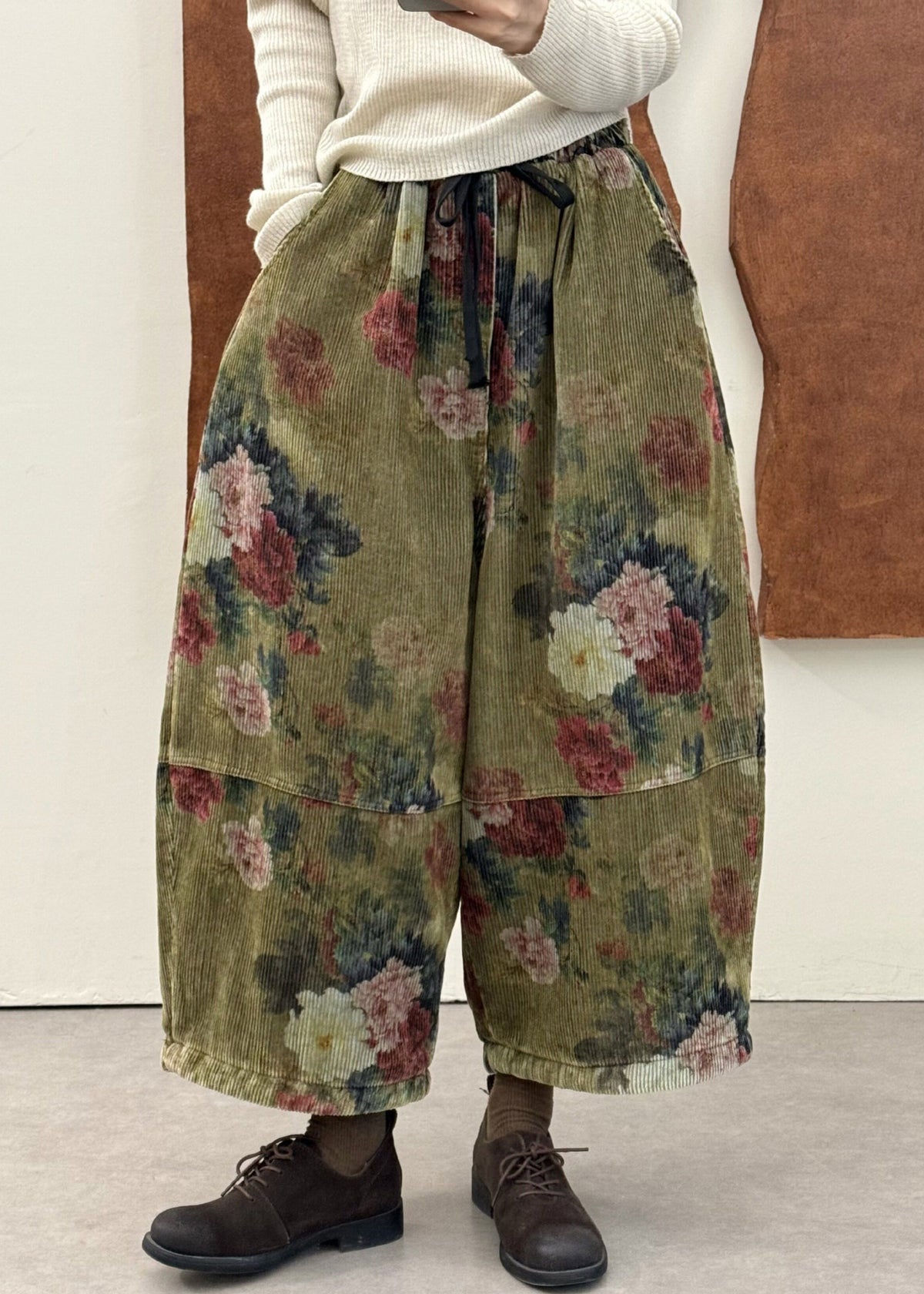 Boutique Green Print Patchwork Corduroy Fine Cotton Filled Crop Pants Fall