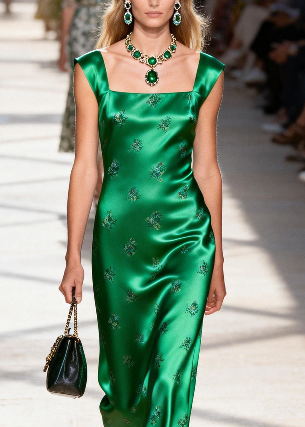 Boutique Green Square Collar Jacquard Silk Long Dresses Summer
