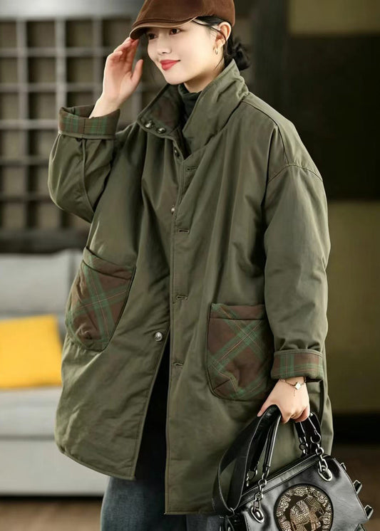 Boutique Green Stand Collar Pockets Reversible Cotton Filled Long Coat Winter
