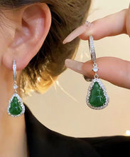 Load image into Gallery viewer, Boutique Green Sterling Silver Inlaid Zircon Jade Gourd Drop Earrings