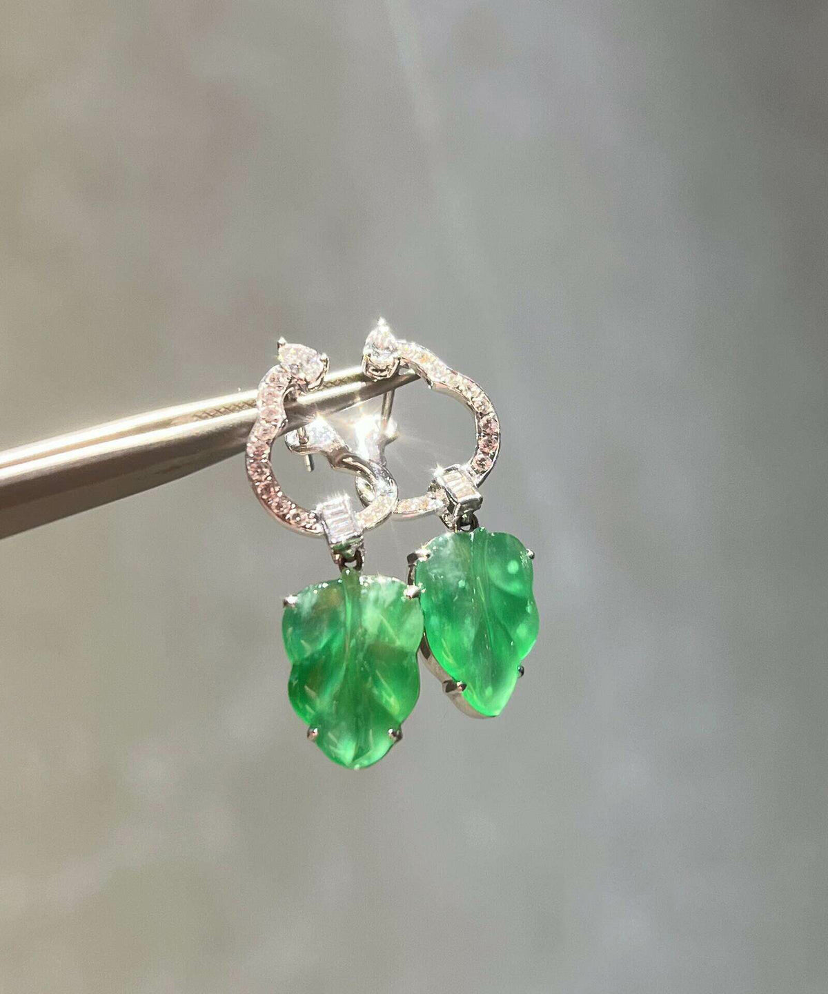 Boutique Green Sterling Silver Inlaid Zircon Jade Leaf Drop Earrings