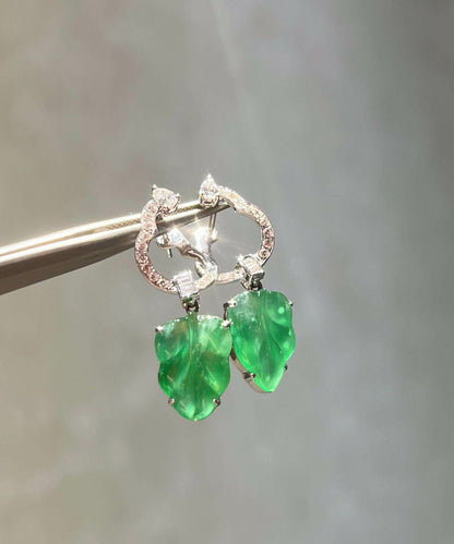 Boutique Green Sterling Silver Inlaid Zircon Jade Leaf Drop Earrings