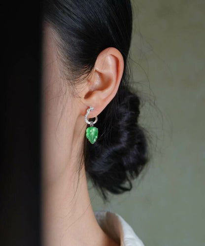 Boutique Green Sterling Silver Inlaid Zircon Jade Leaf Drop Earrings