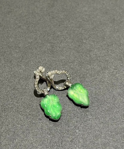 Boutique Green Sterling Silver Inlaid Zircon Jade Leaf Drop Earrings