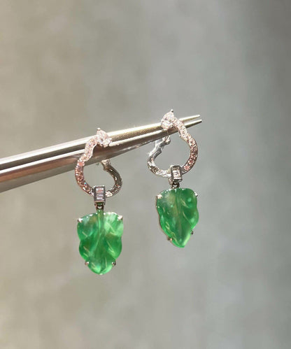 Boutique Green Sterling Silver Inlaid Zircon Jade Leaf Drop Earrings