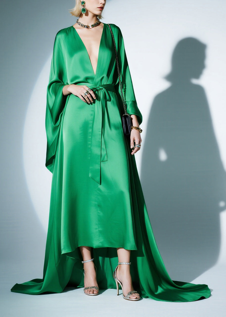 Boutique Green Tie Waist Exra Large Hem Silk Party Dresses Batwing Sleeve