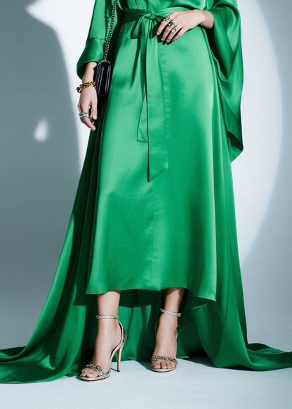 Boutique Green Tie Waist Exra Large Hem Silk Party Dresses Batwing Sleeve