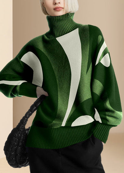 Boutique Green Turtleneck Print Cotton Knitted Sweaters Tops Spring