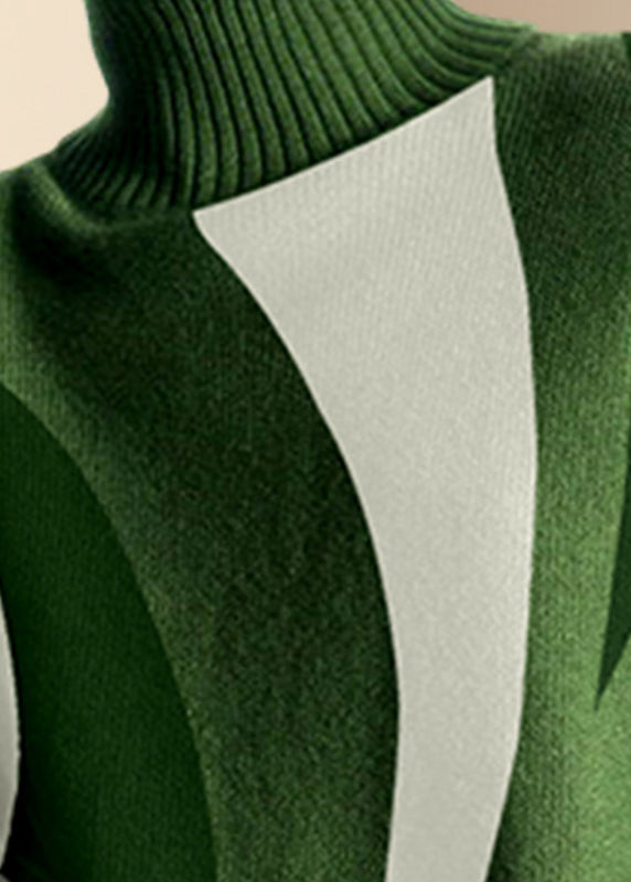 Boutique Green Turtleneck Print Cotton Knitted Sweaters Tops Spring