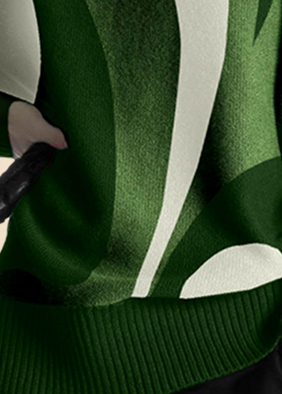 Boutique Green Turtleneck Print Cotton Knitted Sweaters Tops Spring