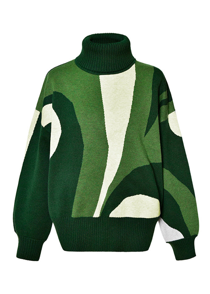 Boutique Green Turtleneck Print Cotton Knitted Sweaters Tops Spring