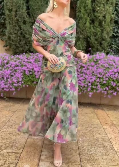 Boutique Green V Neck Print Tulle Maxi Dress Summer