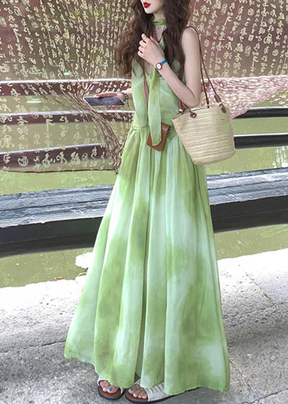 Boutique Green V Neck Tie Dye Vacation Chiffon Maxi Dresses Sleeveless