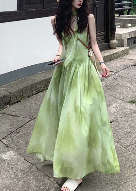 Boutique Green V Neck Tie Dye Vacation Chiffon Maxi Dresses Sleeveless