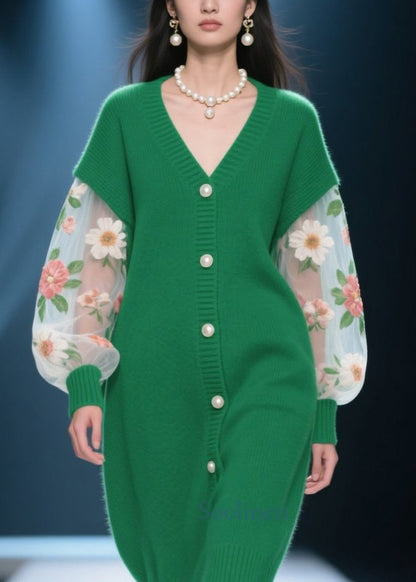 Boutique Green V Neck Tulle Patchwork Knit Cardigans Fall