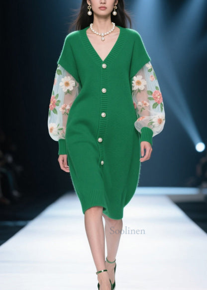 Boutique Green V Neck Tulle Patchwork Knit Cardigans Fall