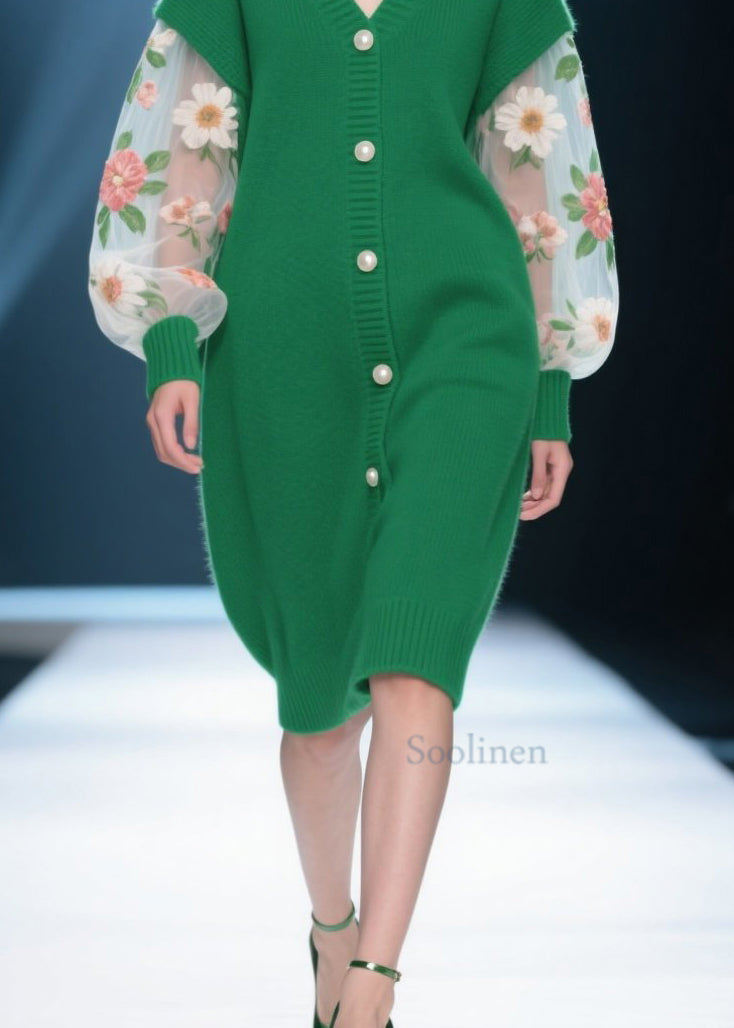 Boutique Green V Neck Tulle Patchwork Knit Cardigans Fall