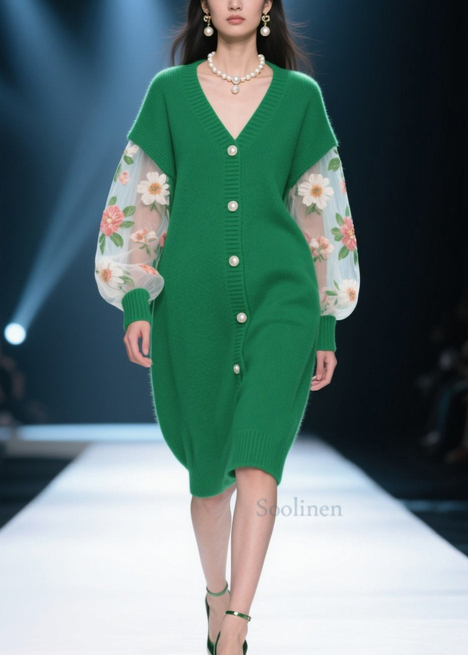 Boutique Green V Neck Tulle Patchwork Knit Cardigans Fall