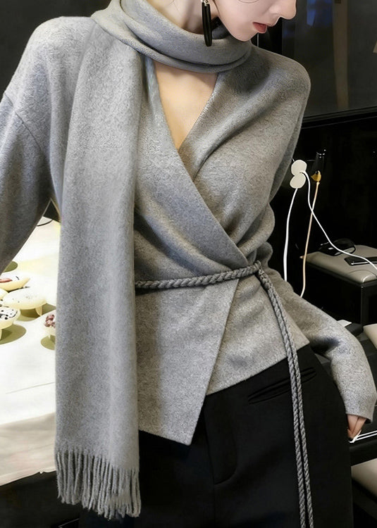 Boutique Grey Bow Tie Waist Solid Knit Sweaters Winter