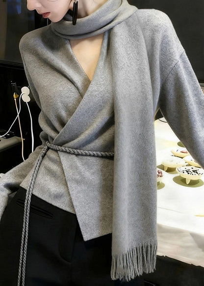 Boutique Grey Bow Tie Waist Solid Knit Sweaters Winter