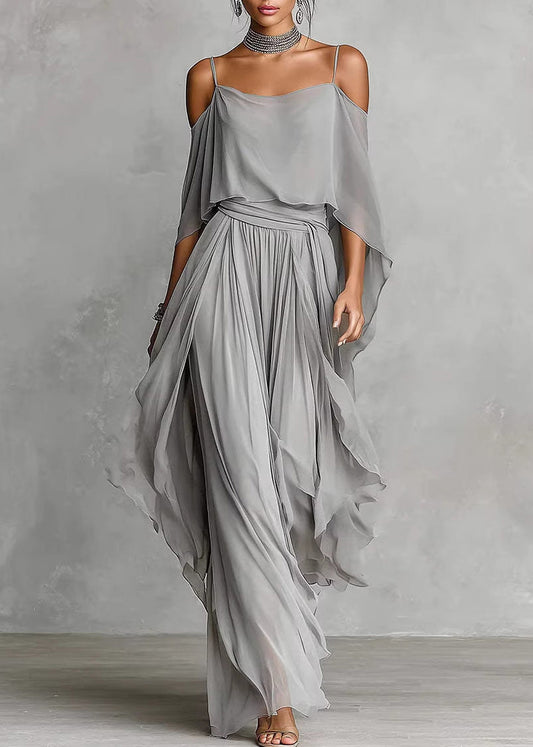 Boutique Grey Cold Shoulder Solid Chiffon Top And Wide Leg Pants Two Piece Set Summer