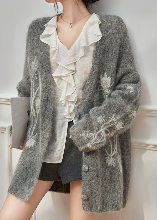 Boutique Grey Embroidered Sequins Cotton Knit Cardigan Spring