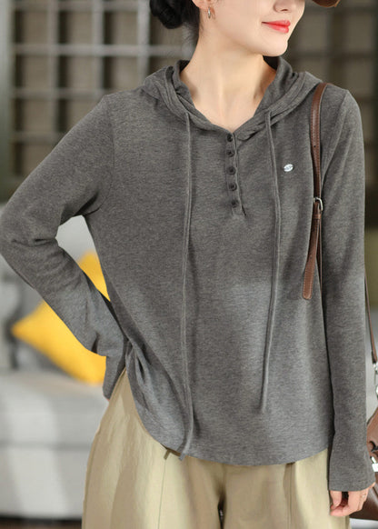 Boutique Grey Hooded Patchwork Cotton T Shirts Fall