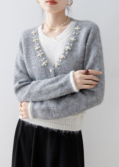 Boutique Grey Nail Bead Patchwork False Two Pieces Knit Sweaters Spring