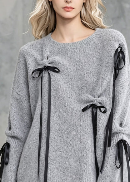 Boutique Grey O Neck Bow Lace Up Knit Sweaters Fall