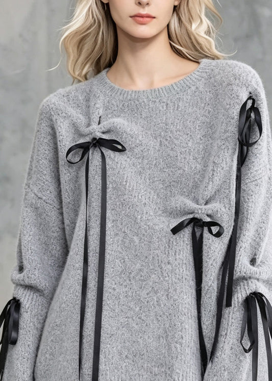 Boutique Grey O Neck Bow Lace Up Knit Sweaters Fall