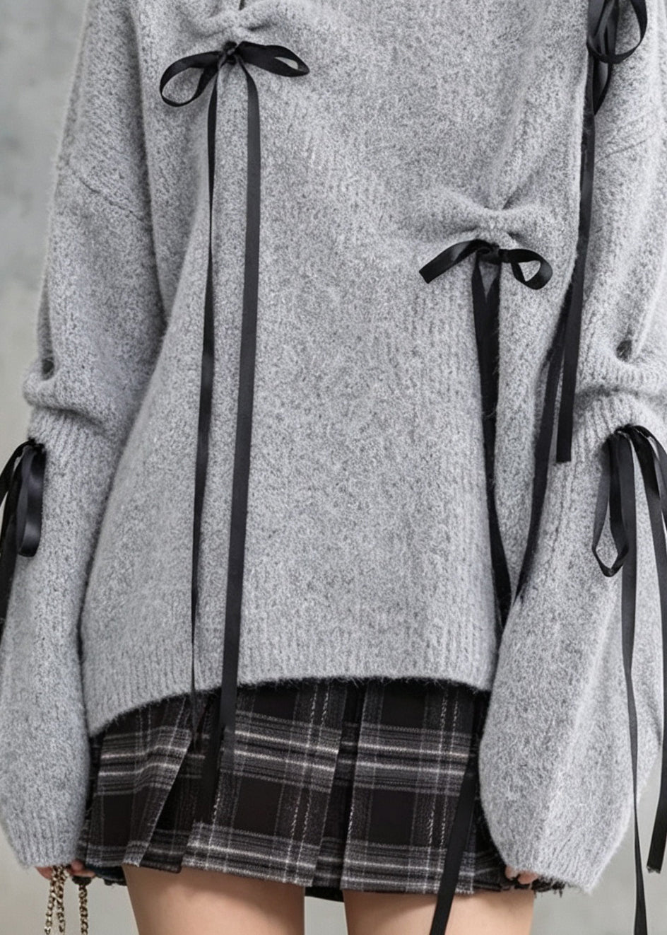 Boutique Grey O Neck Bow Lace Up Knit Sweaters Fall
