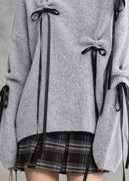 Boutique Grey O Neck Bow Lace Up Knit Sweaters Fall